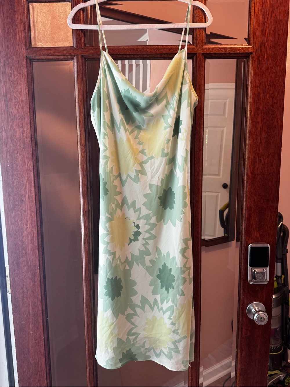 Express Size 11/12 Y2K Floral Cowl Neck Slip Mini Dress Green Yellow